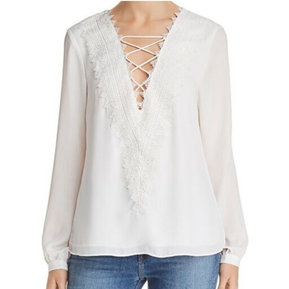 Wayf Tops - NWT Wayf Lace Up Appliqué Embroidered Ivory Flowy Blouse